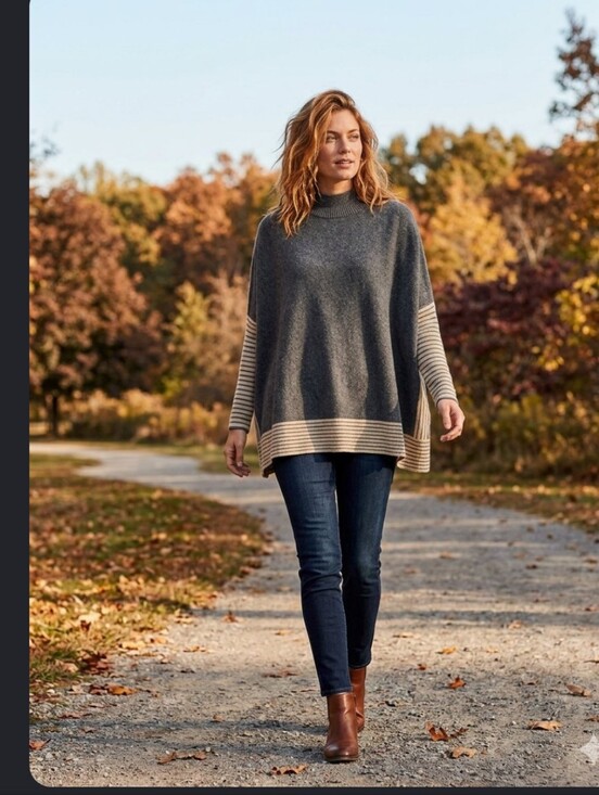 Cocobleu Sweaters - Women's Charcoal Gray Striped Poncho Sweater - Lightweight Layering